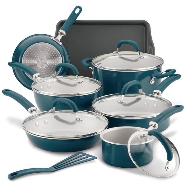 Rachael Ray Cucina Nonstick Cookware Pots and Pans Set, 12 Piece, Agave Blue