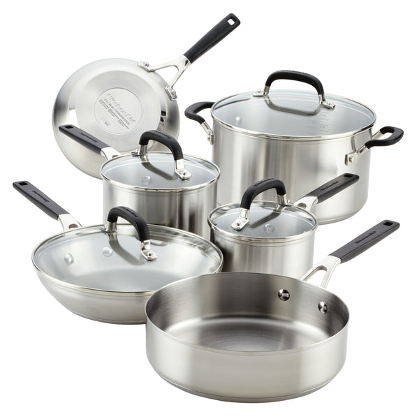 Farberware 120 Limited Edition Stainless Steel Cookware Pots and Pans Set  with Prestige Kitchen Tools, 10 Piece, Pewter Gray