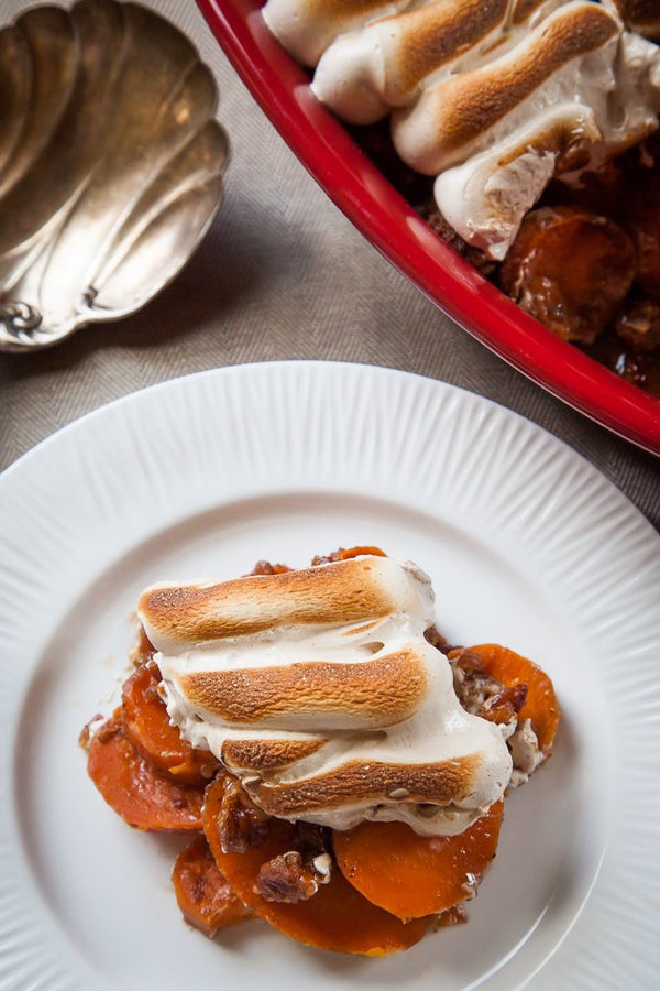Maple Sweet Potato Casserole with Pecan Crumble and Spiced Brown Sugar Meringue