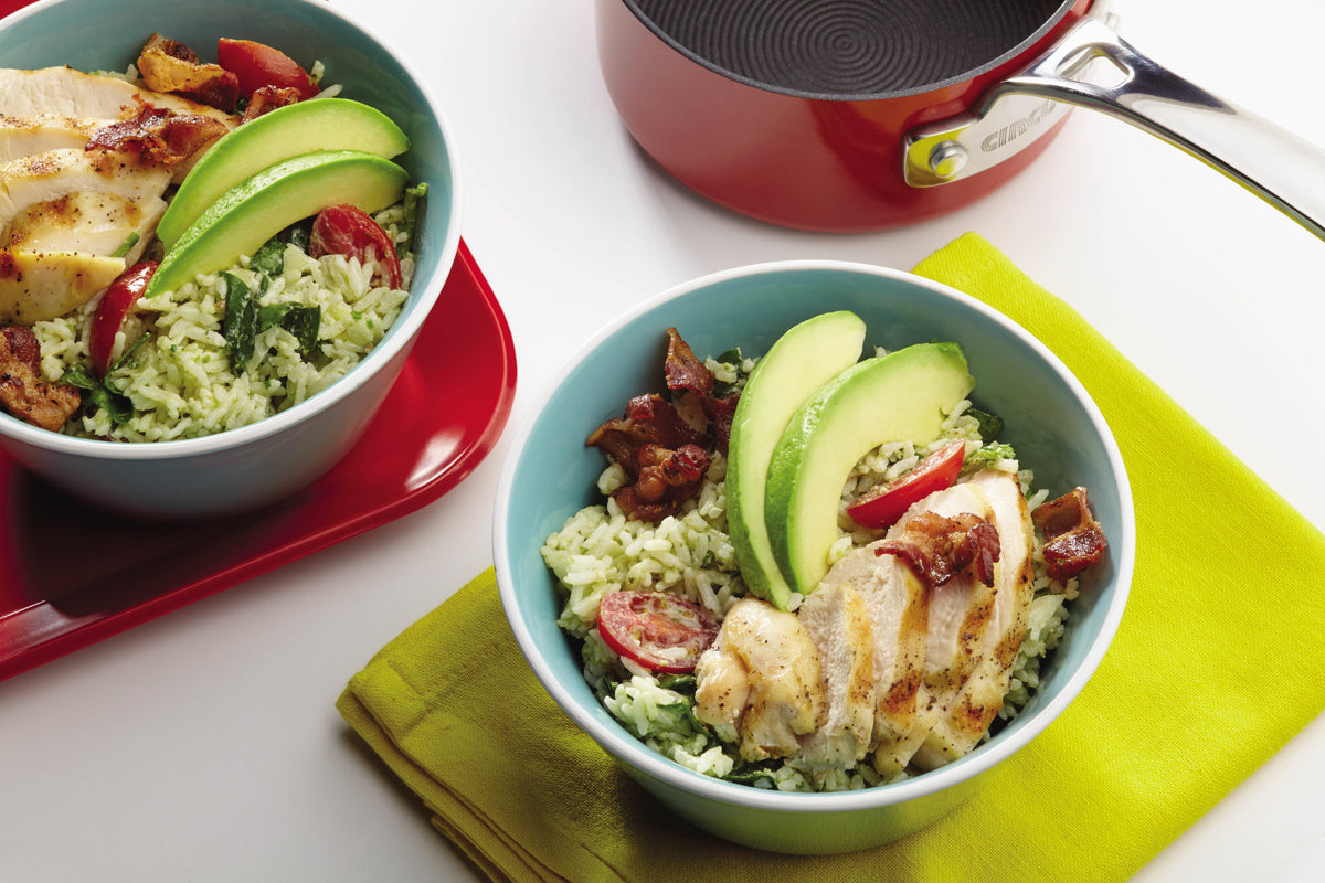 Chicken & Avocado BLT Rice Bowl with Pesto Ranch Dressing