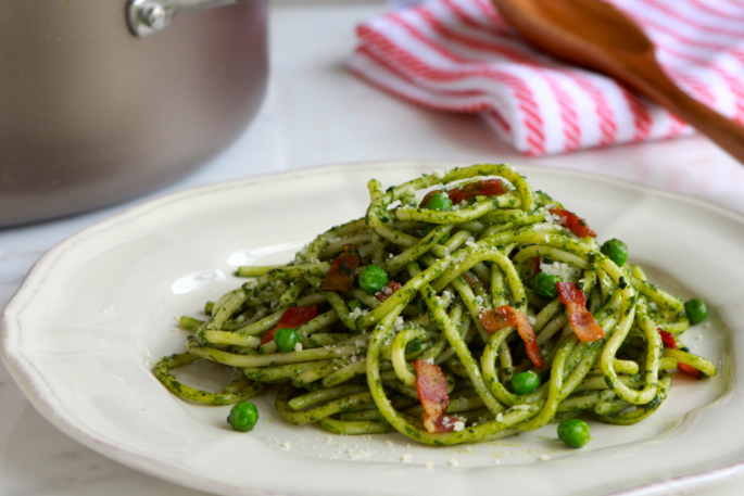 Bucatini, Bacon and Peas with Spinach Pesto