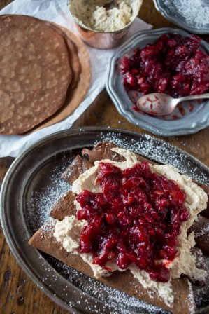 Gingerbread Crepes topped with Ginger Cranberry Compote