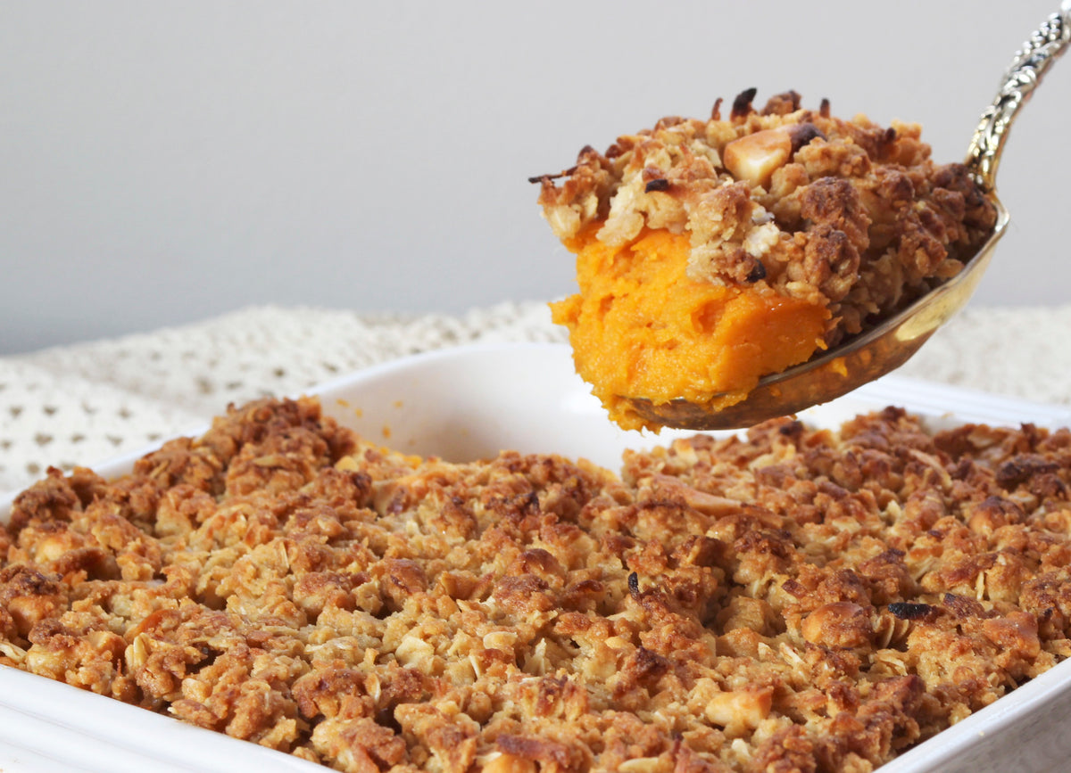Sweet Potato Casserole with Coconut-Macadamia Topping
