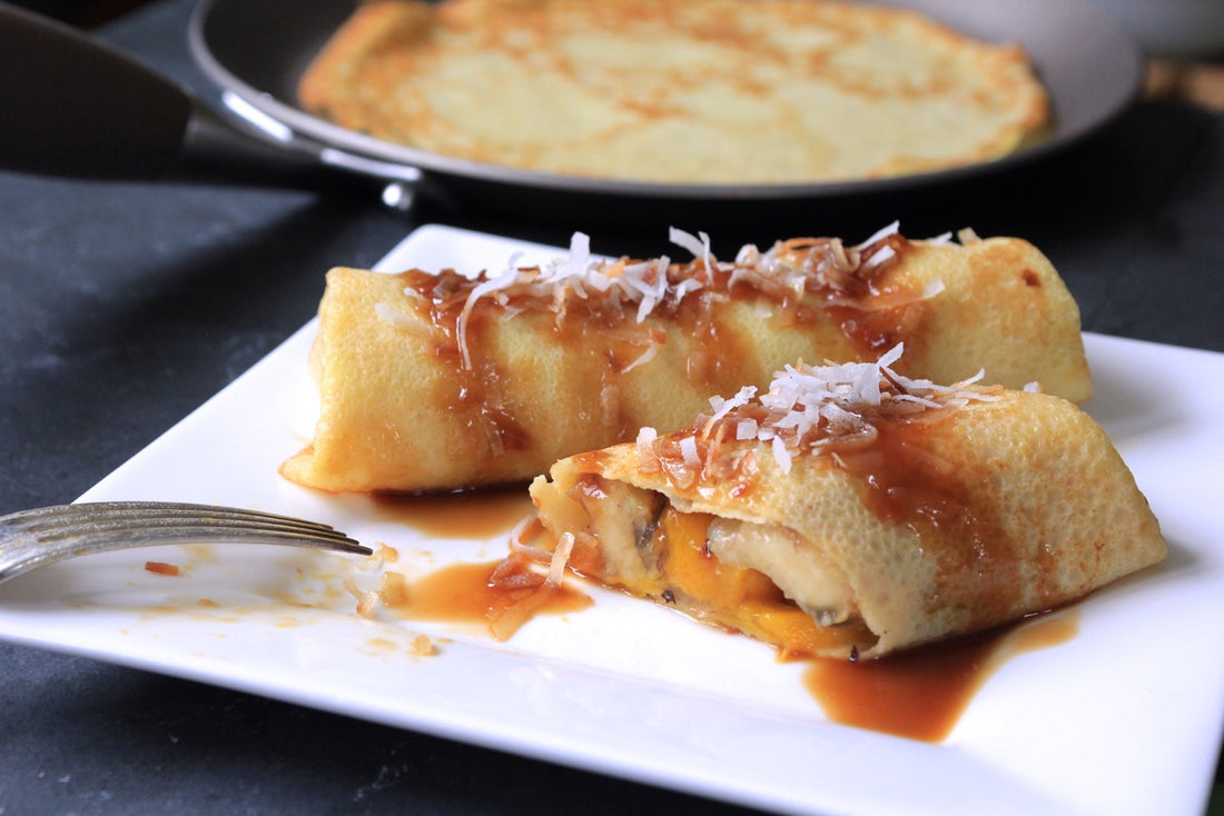 Anytime Grilled Fruit Crepes with Dark Rum and Brown Sugar Drizzle
