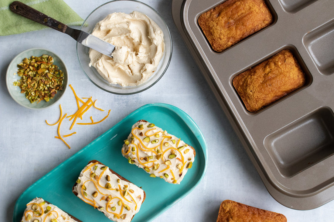 Pumpkin Pistachio Loaves with Tahini Frosting