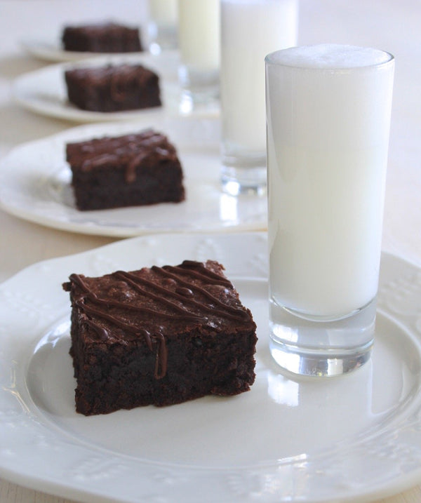 Chocolate Drizzled Coffee Brownies with Vanilla Egg Cream Shooters