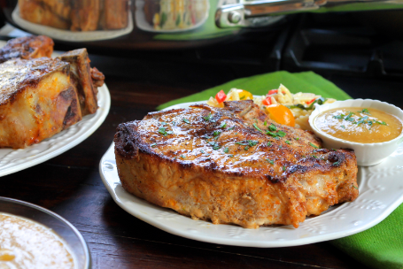 Double Cut Pork Chops with Peach Ketchup