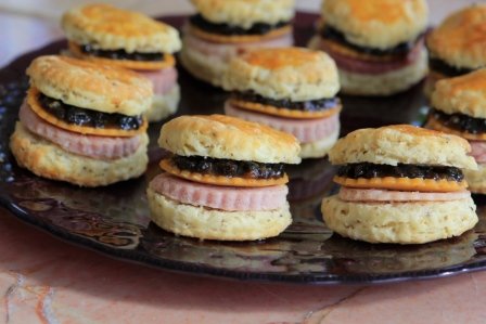 Country Ham and Cheddar on Biscuits with Currant-Mustard Chutney