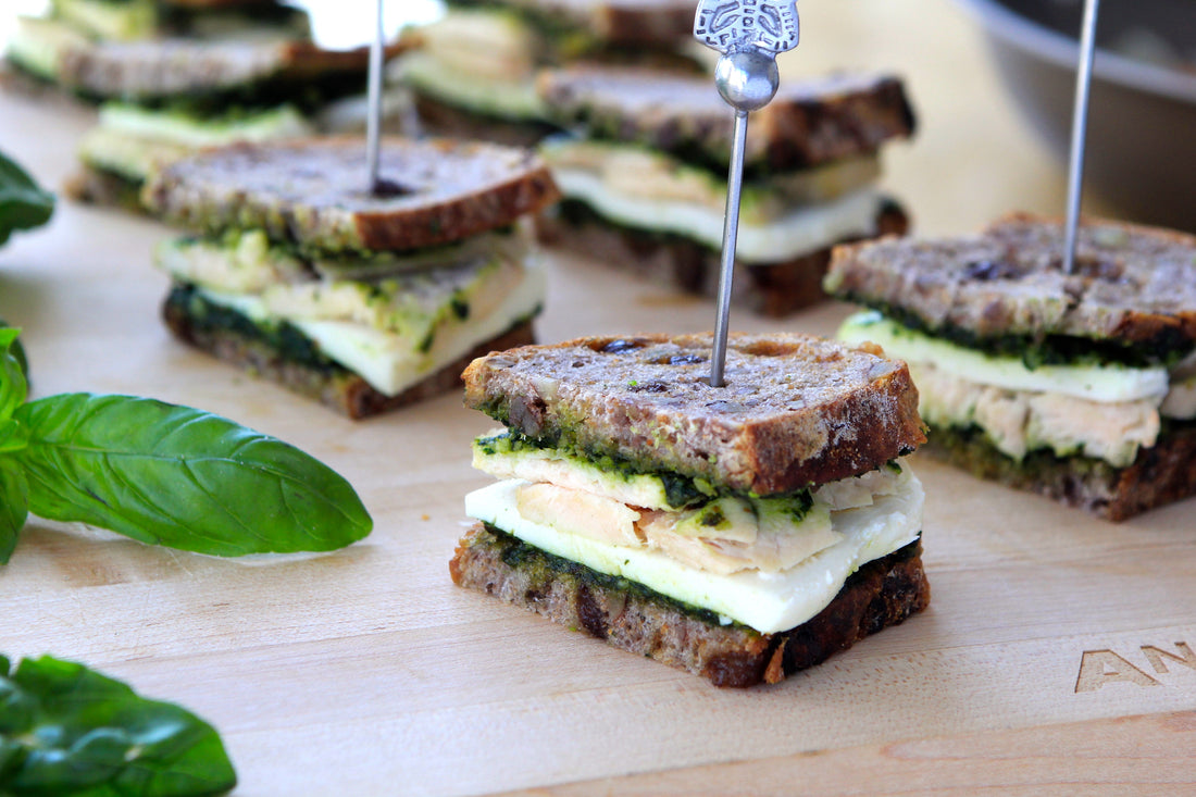 Poached Chicken with Arugula-Almond Pesto Tea Sandwiches