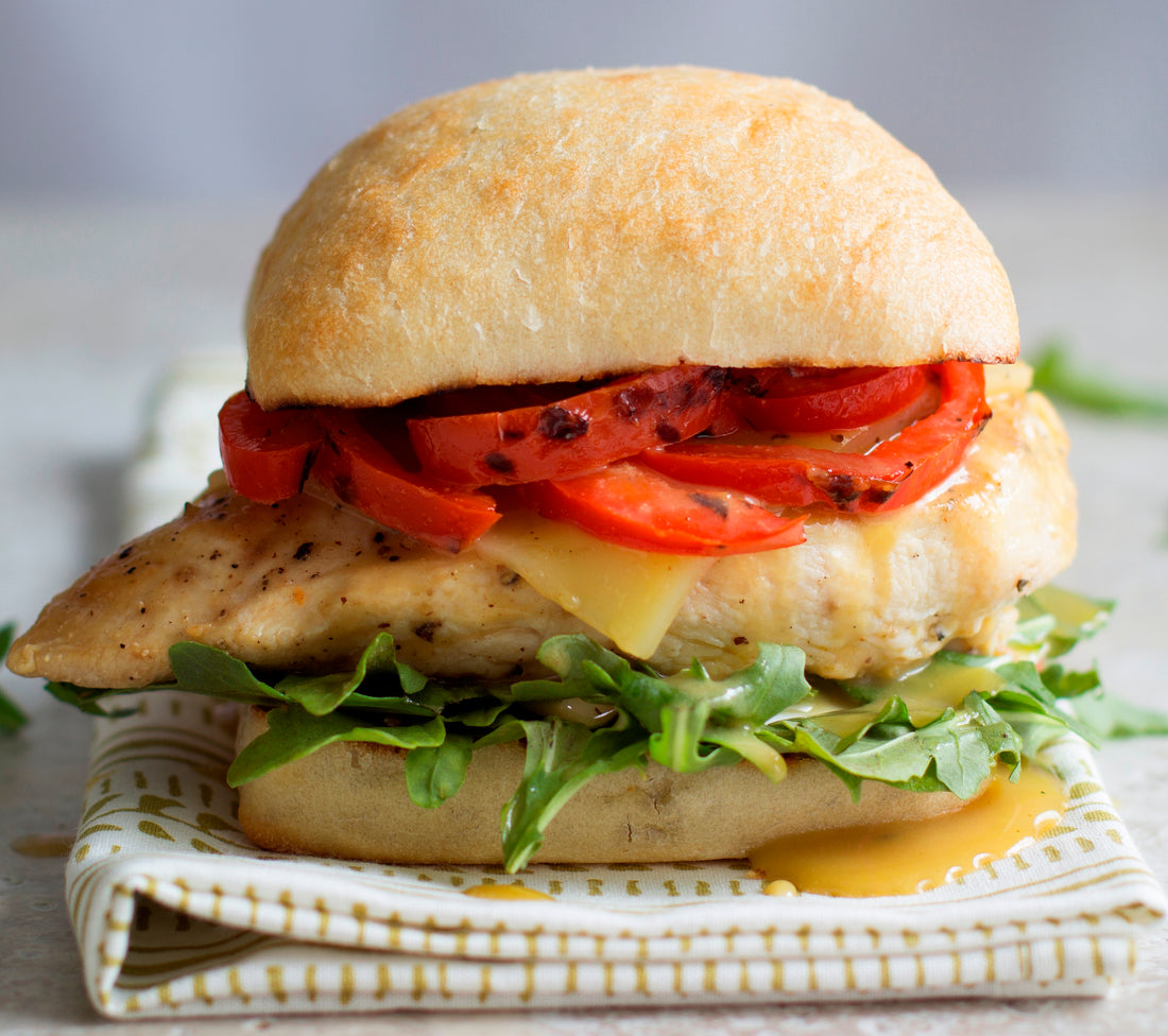 Chicken Breast Burger with Mozzarella, Red Peppers, and Honey Dijon