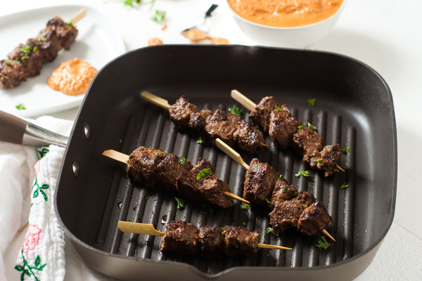 Cumin Marinated Steak Kabobs with Roasted Red Pepper Pesto