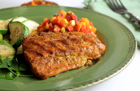 Turmeric Dusted Grilled Snapper with Curried Peach Corn Chutney