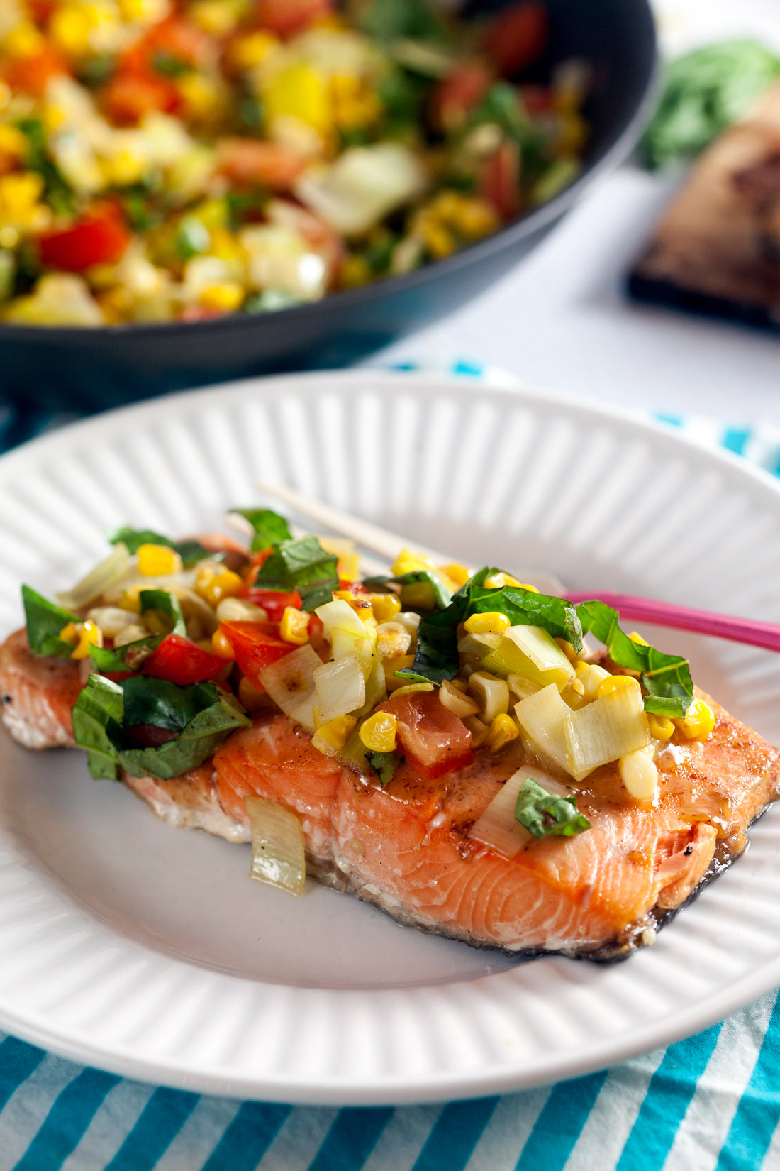 Maple-Mustard Salmon with Corn and Basil