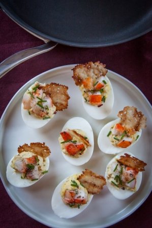 Lobster and Chives Deviled Eggs with Truffle Salt and Parmesan Crisp