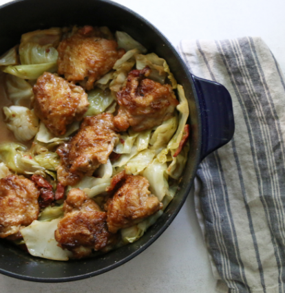 Chicken Thighs Braised with Cabbage, Herbs, & Sundried Tomatoes