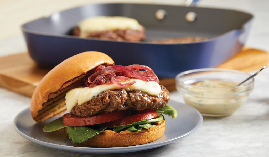 Burger with Caramelized Onions, Asiago and Basil Mayonnaise
