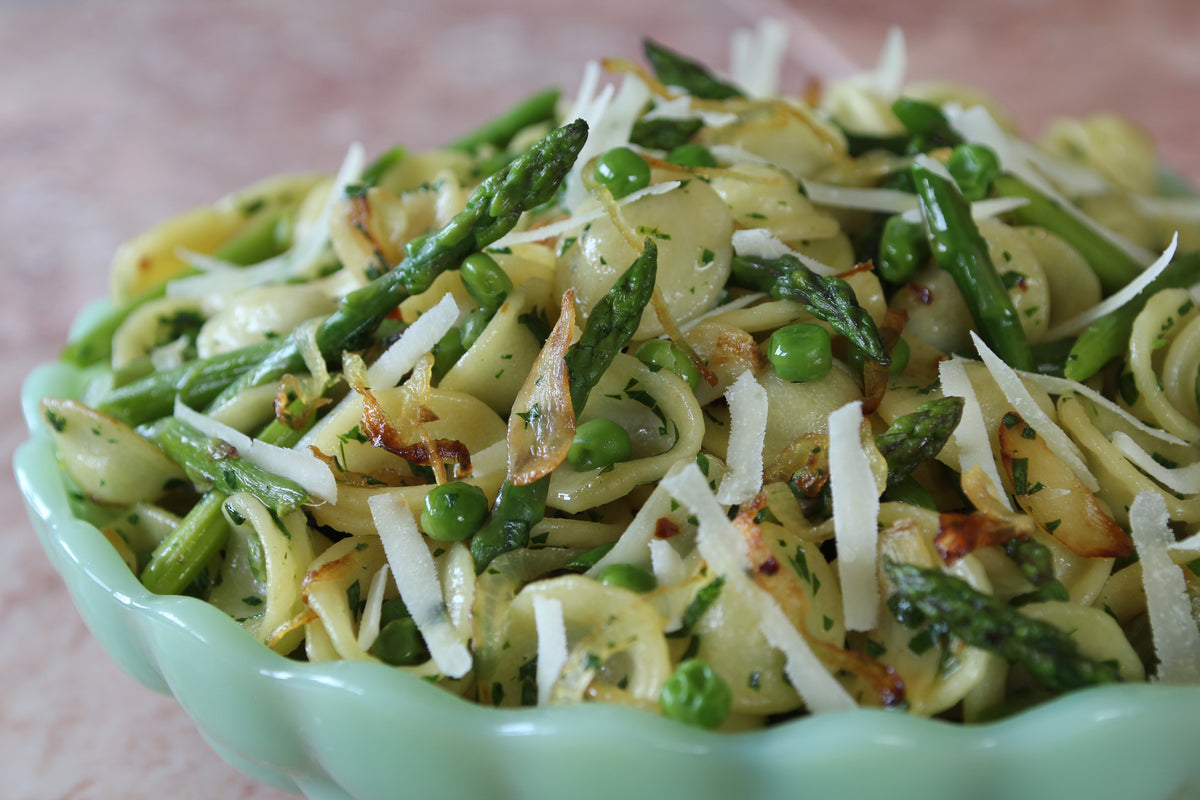 Orecchiette with Garlic, Olive Oil, Spring Vegetables, and Pecorino