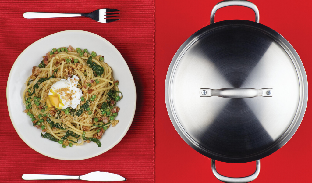 Bucatini with Guanciale, Spinach, Toasted Walnut Crumbs and Poached Egg