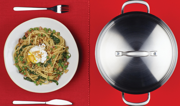 Bucatini with Guanciale, Spinach, Toasted Walnut Crumbs and Poached Egg