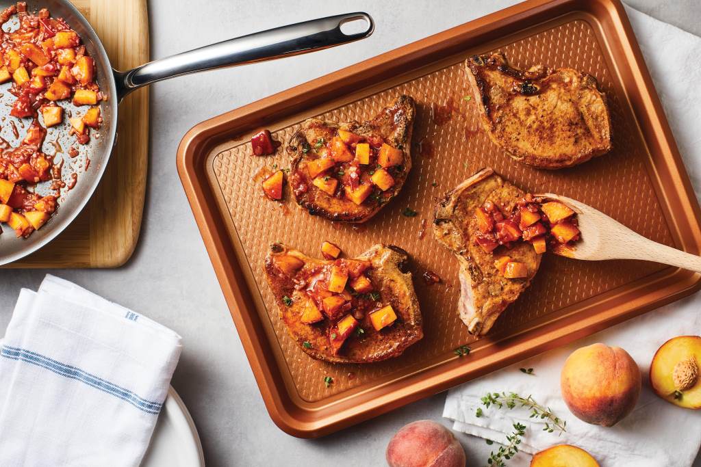 Double Cut Spice Rubbed Pork Chops with Harissa-Peach Chutney