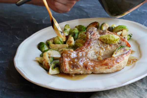 Pork Chops and Brussels Sprouts with Whiskey Cider Vinegar Sauce