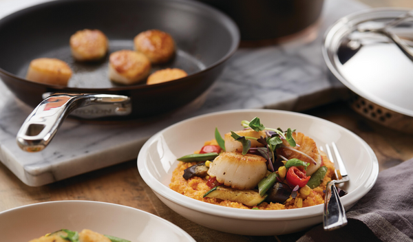 Roasted Red Pepper Polenta Bowl with Market Vegetables & Seared Sea Scallops