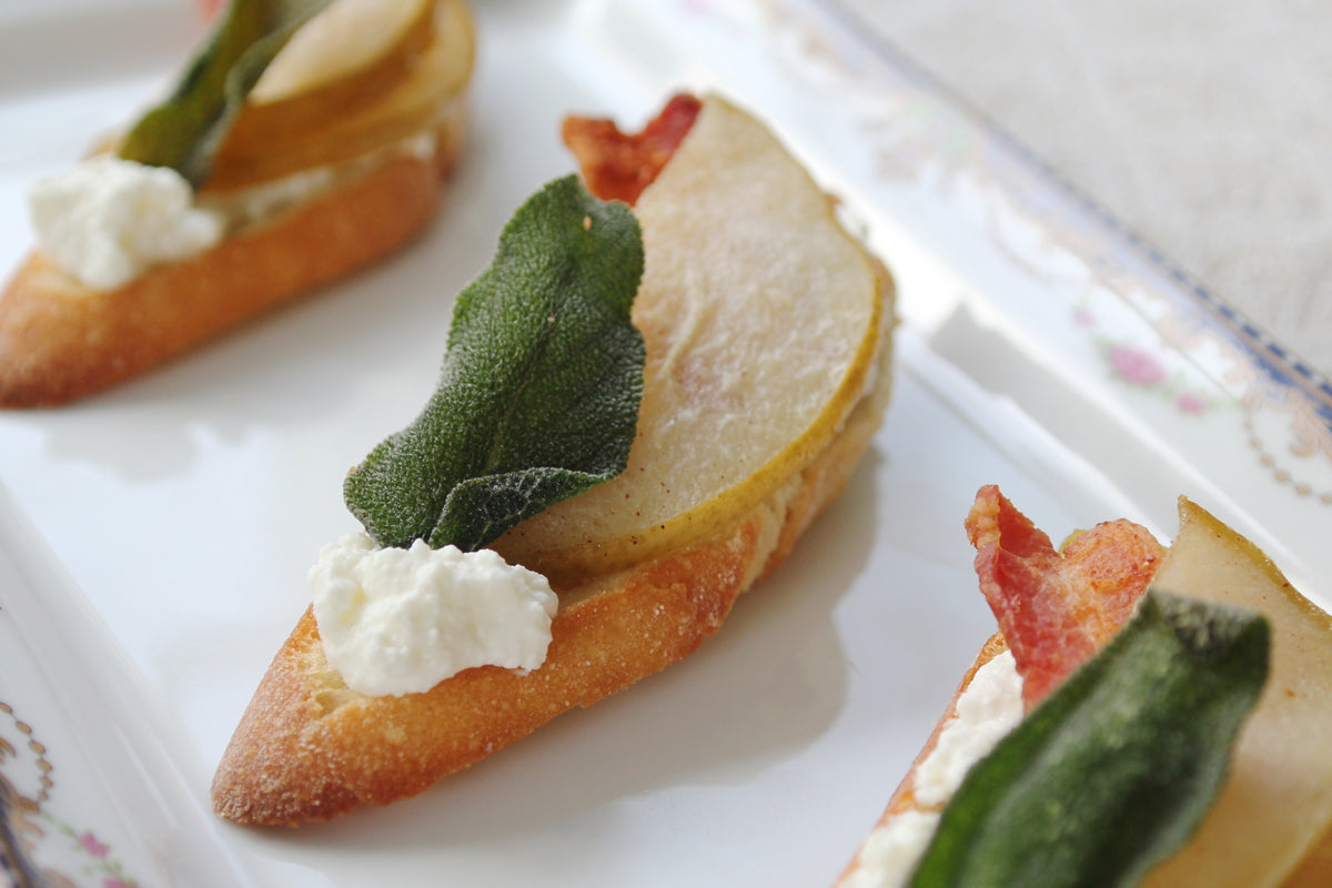 Pear, Bacon, and Sage Crostini with Ricotta Cheese