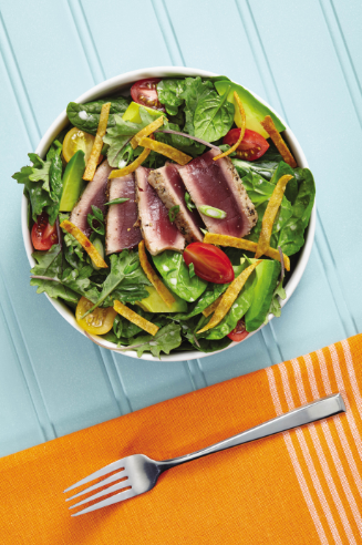 Seared Tuna Salad with Coconut Lime Dressing and Spiced Tortilla Croutons