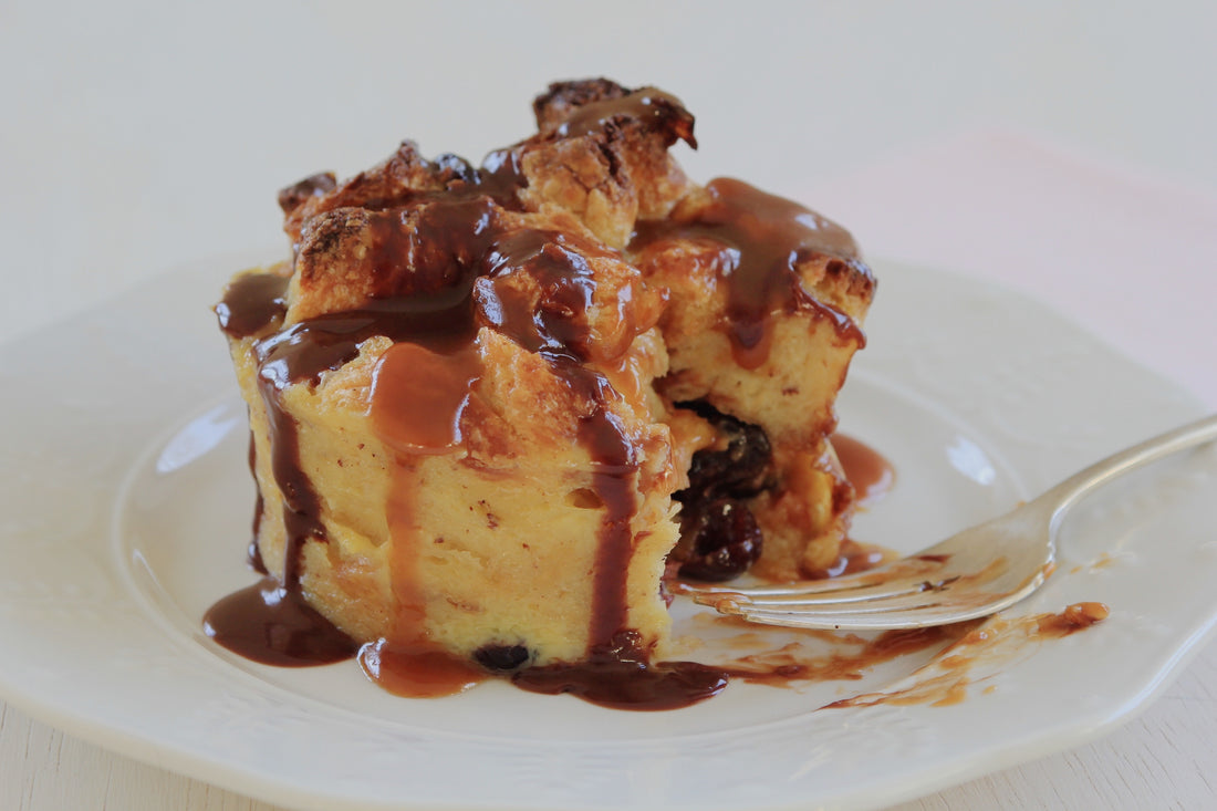 Individual Croissant Bread Puddings with Chocolate and Caramel Sauces