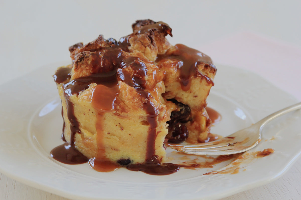 Individual Croissant Bread Puddings with Chocolate and Caramel Sauces