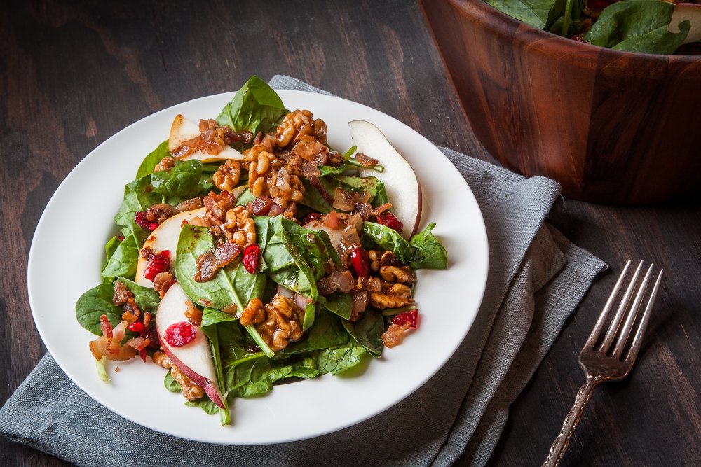 Spinach, Pear, Dried Cranberry and Maple Glazed Walnut Salad with Warm Bacon Vinaigrette