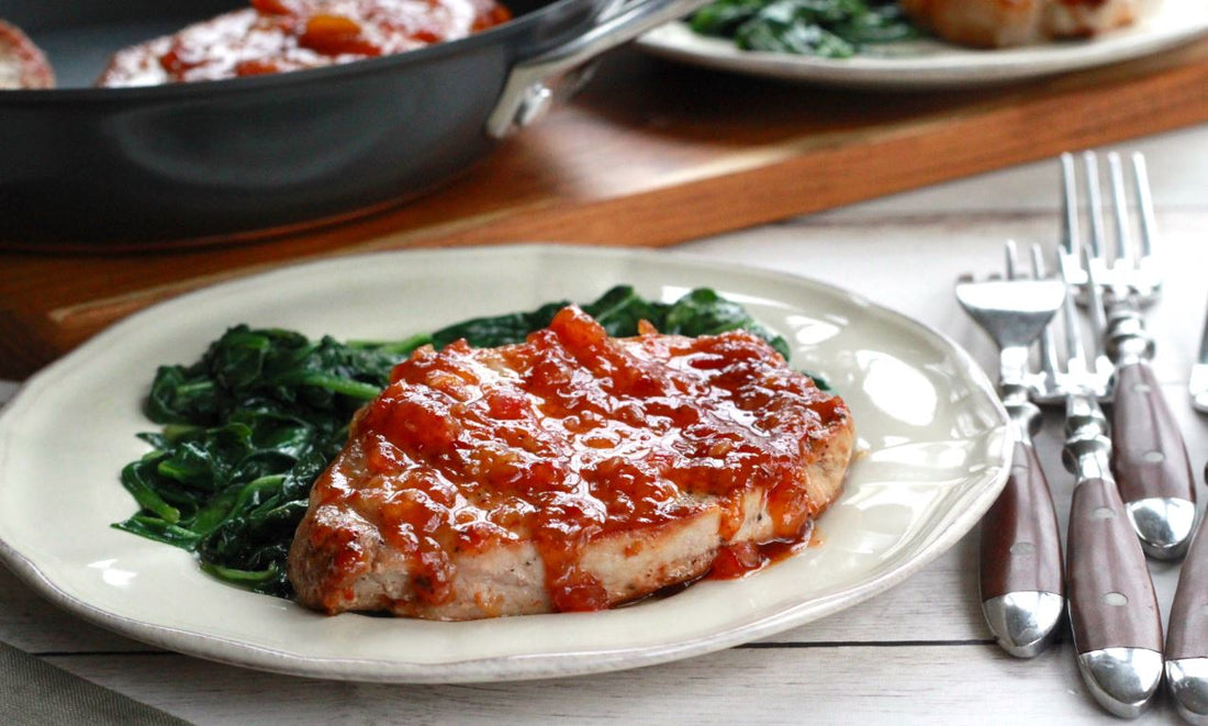 Pork Chops with Harissa-Peach Chutney