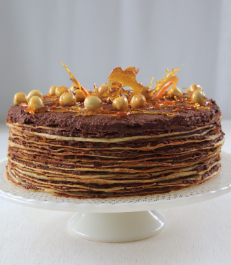 Crepe and Chocolate Hazelnut Ganache Cake with Candied Hazelnuts