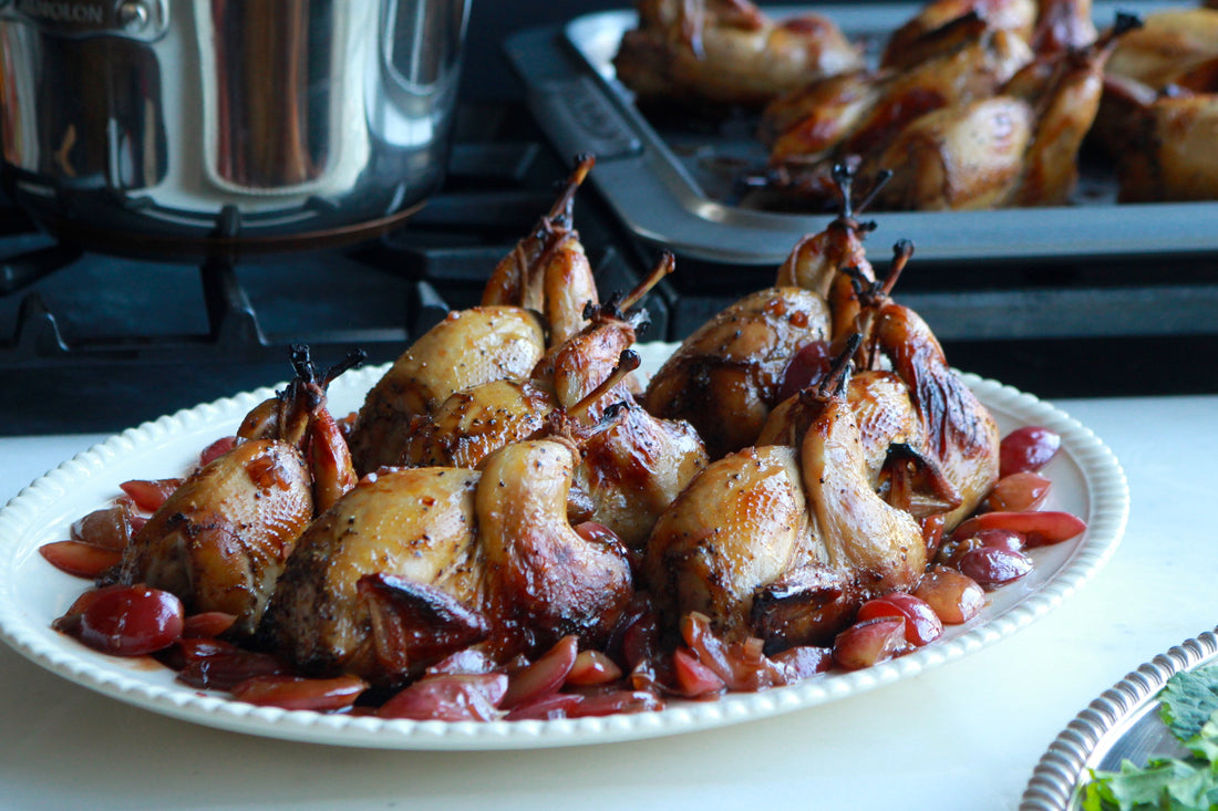 Molasses and Black Pepper Quail with Rum, Honey and Grape Reduction