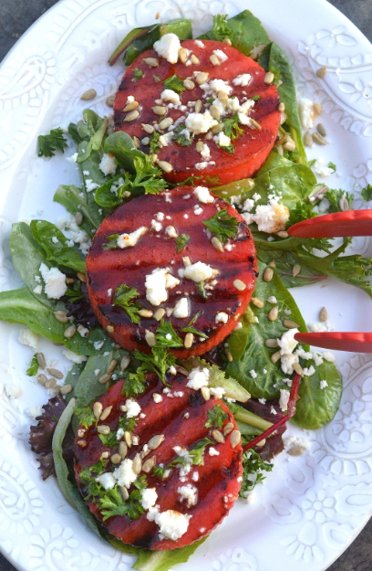 Sweet and Spicy Rubbed and Grilled Watermelon Salad with Honey Lime Vinaigrette