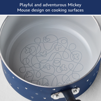 Playful and adventurous Mickey Mouse design on cooking surfaces: gray interior of the blue saucepan printed with a looping line and Mickey heads