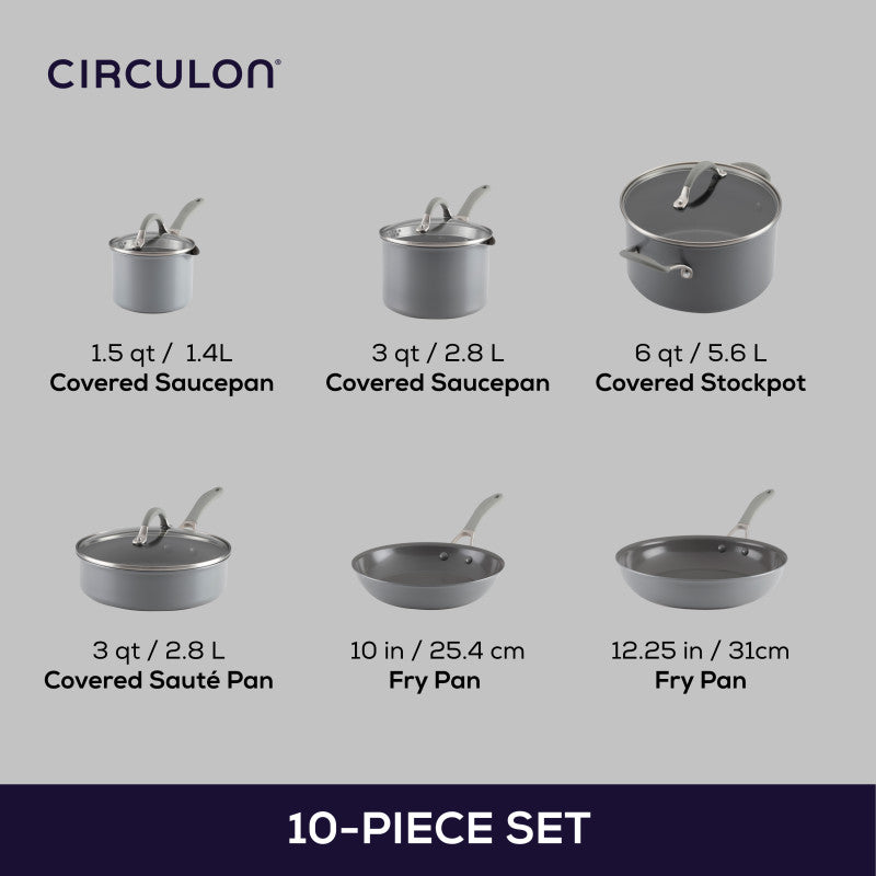 Circulon 10-piece set: 1.5-quart and 3-quart covered saucepans, 6-quart covered stockpot, 3-quart covered sauté pan, 10-inch and 12.25-inch frying pans, all in gray