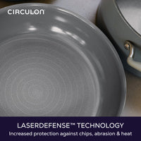 LaserDefense™ technology, increased protection against chips, abrasion and heat: close-up of the textured cooking surface of a gray Circulon frying pan