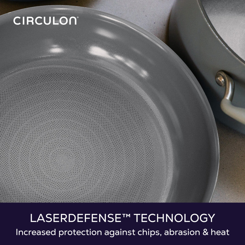 LaserDefense™ technology, increased protection against chips, abrasion and heat: close-up of the textured cooking surface of a gray Circulon frying pan