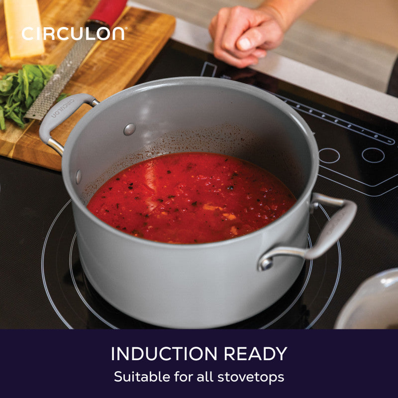 Induction ready, suitable for all stovetops: gray Circulon stockpot of tomato sauce on an induction cooktop