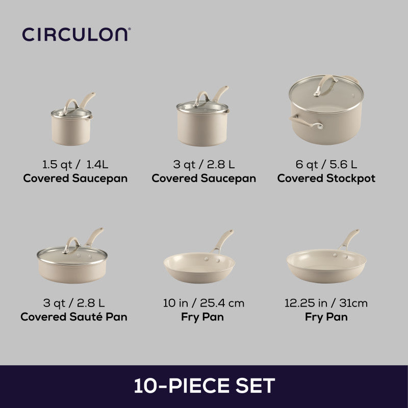 Circulon 10-piece set: 1.5- and 3-quart covered saucepans, 6-quart covered stockpot, 3-quart covered sauté pan, 10- and 12.25-inch fry pans, all in taupe