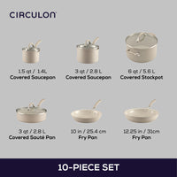 Circulon 10-piece set: 1.5- and 3-quart covered saucepans, 6-quart covered stockpot, 3-quart covered sauté pan, 10- and 12.25-inch fry pans, all in taupe