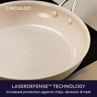 LaserDefense technology, increased protection against chips, abrasion and heat: close-up of the dotted circle pattern inside a taupe frying pan