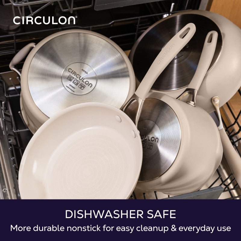 Dishwasher safe, more durable nonstick for easy cleanup and everyday use: taupe pots and pans in a dishwasher rack