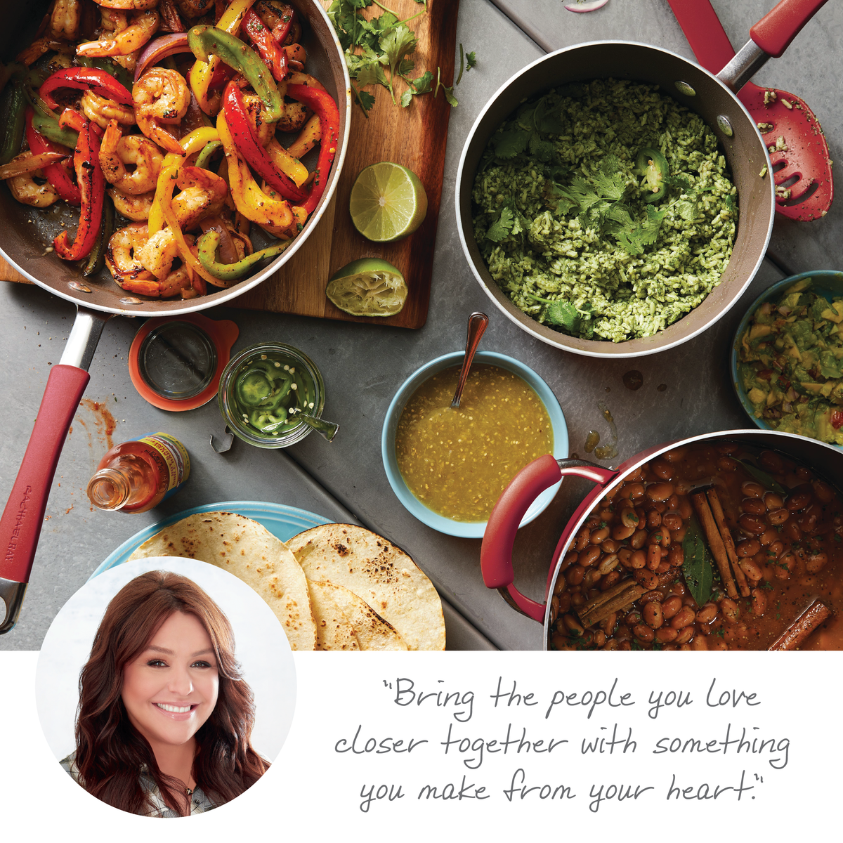 Bring the people you love closer together with something you make from your heart: portrait of a smiling woman beside red-handled pans of shrimp fajitas, green rice and beans