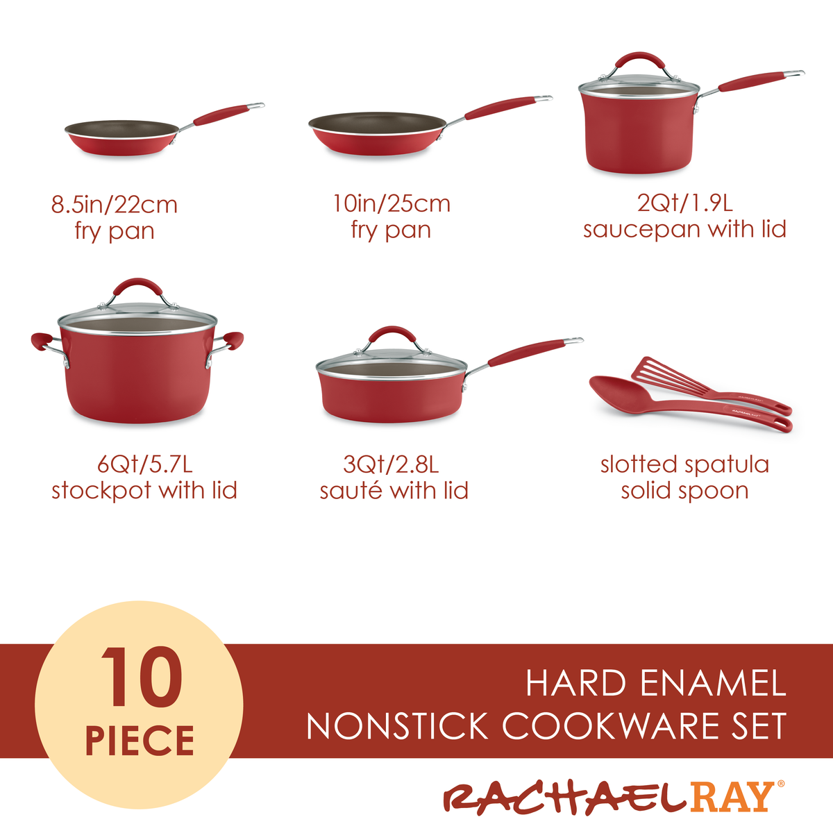 10-piece hard enamel nonstick cookware set: red 8.5- and 10-inch fry pans, 2-quart saucepan with lid, 6-quart stockpot with lid, 3-quart sauté with lid, slotted spatula and solid spoon