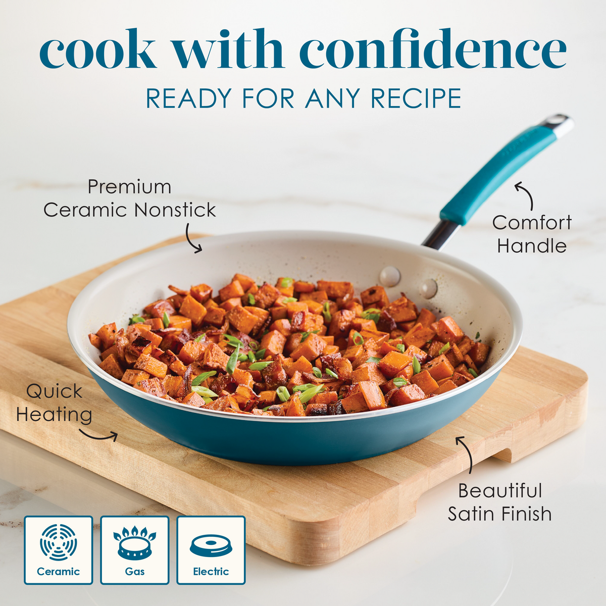 Cook with confidence, ready for any recipe: premium ceramic nonstick, comfort handle, quick heating, beautiful satin finish; ceramic, gas and electric cooktops. Marine blue frying pan of roasted sweet potatoes on a cutting board
