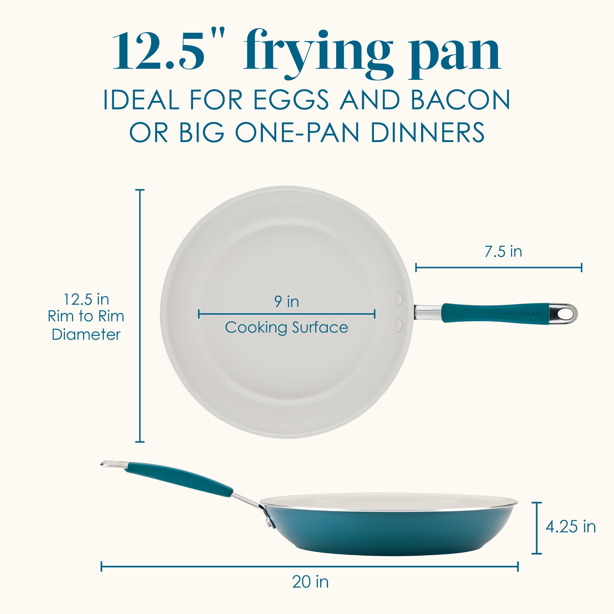 12.5-inch frying pan, ideal for eggs and bacon or big one-pan dinners: marine blue pan with a 12.5-inch rim-to-rim diameter, 9-inch cooking surface, 7.5-inch handle, 20-inch overall length and 4.25-inch height