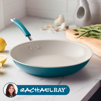 Marine blue ceramic nonstick frying pan on a marble counter with lemons, garlic and green beans, with the Rachael Ray logo