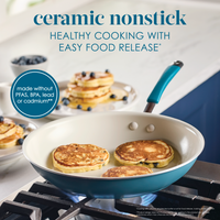 Ceramic nonstick, healthy cooking with easy food release, made without PFAS, BPA, lead or cadmium: marine blue frying pan of blueberry pancakes on a gas stove